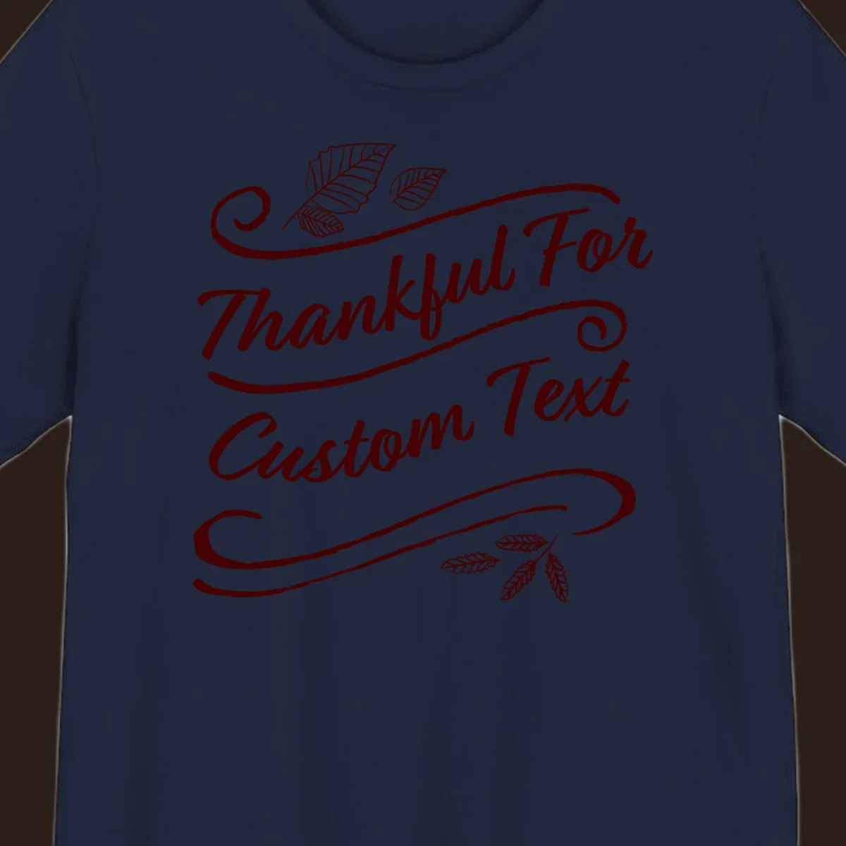 Custom Thanksgiving text with leaves and swirls, dark red on black or white.