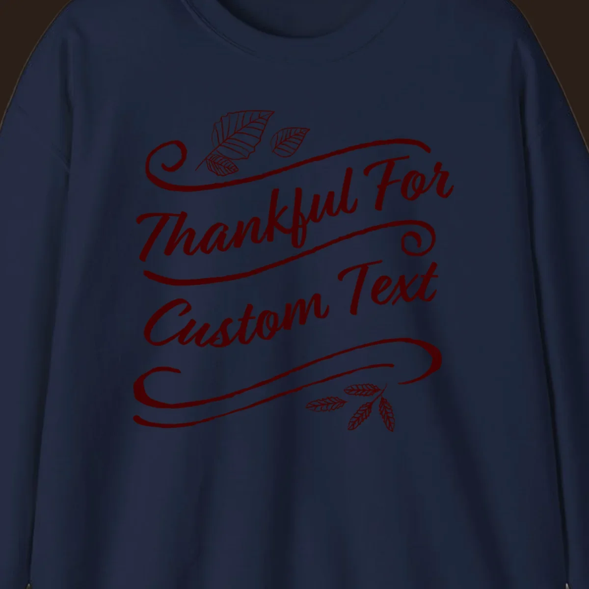 Custom Thanksgiving text with leaves and swirls, dark red on black or white.