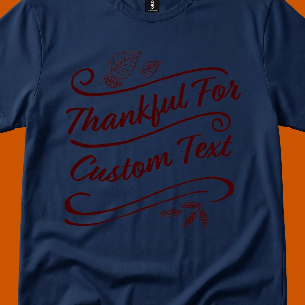 Custom Thanksgiving text with leaves and swirls, dark red on black or white.