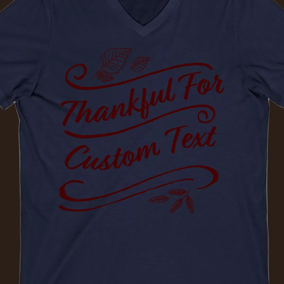 Custom Thanksgiving text with leaves and swirls, dark red on black or white.