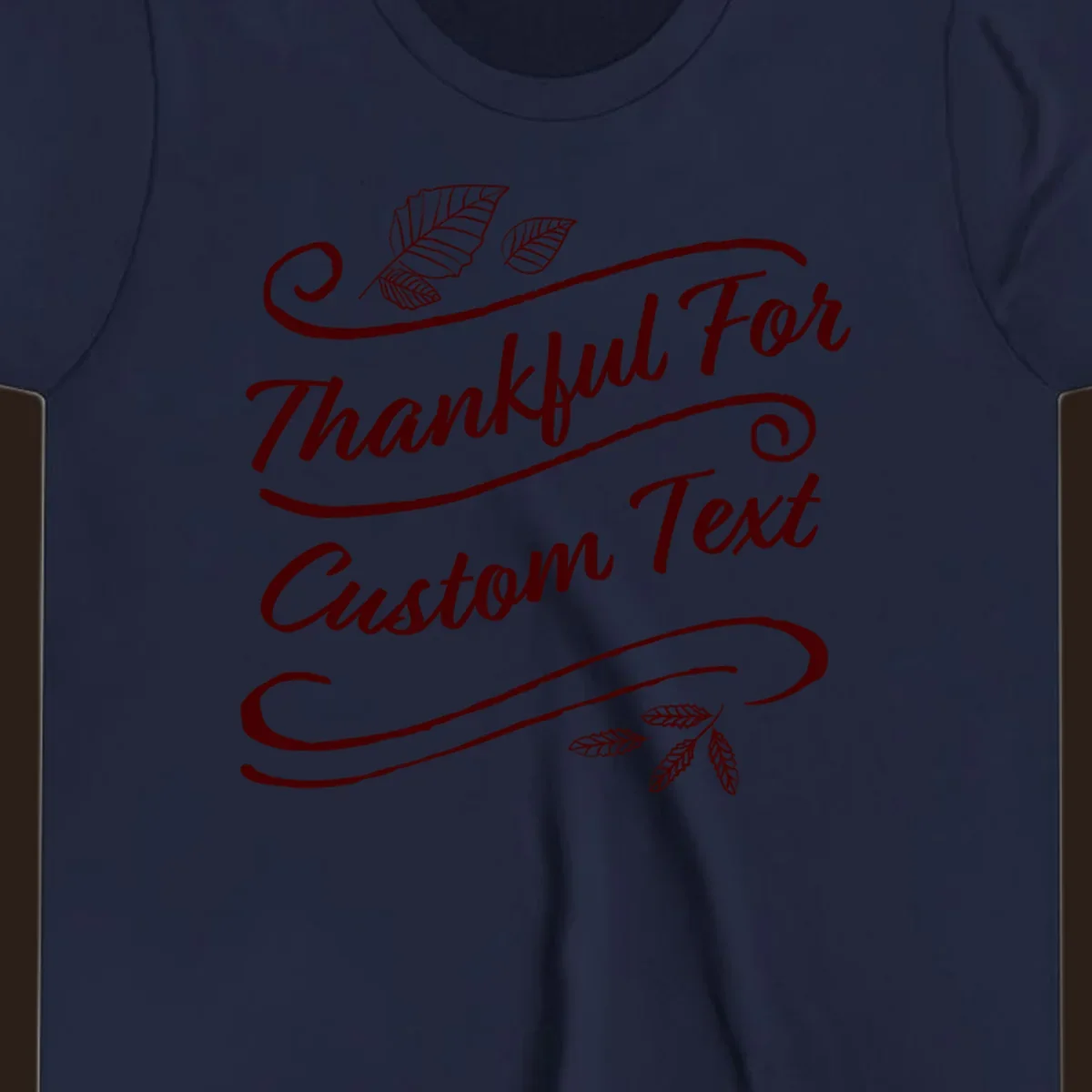 Custom Thanksgiving text with leaves and swirls, dark red on black or white.