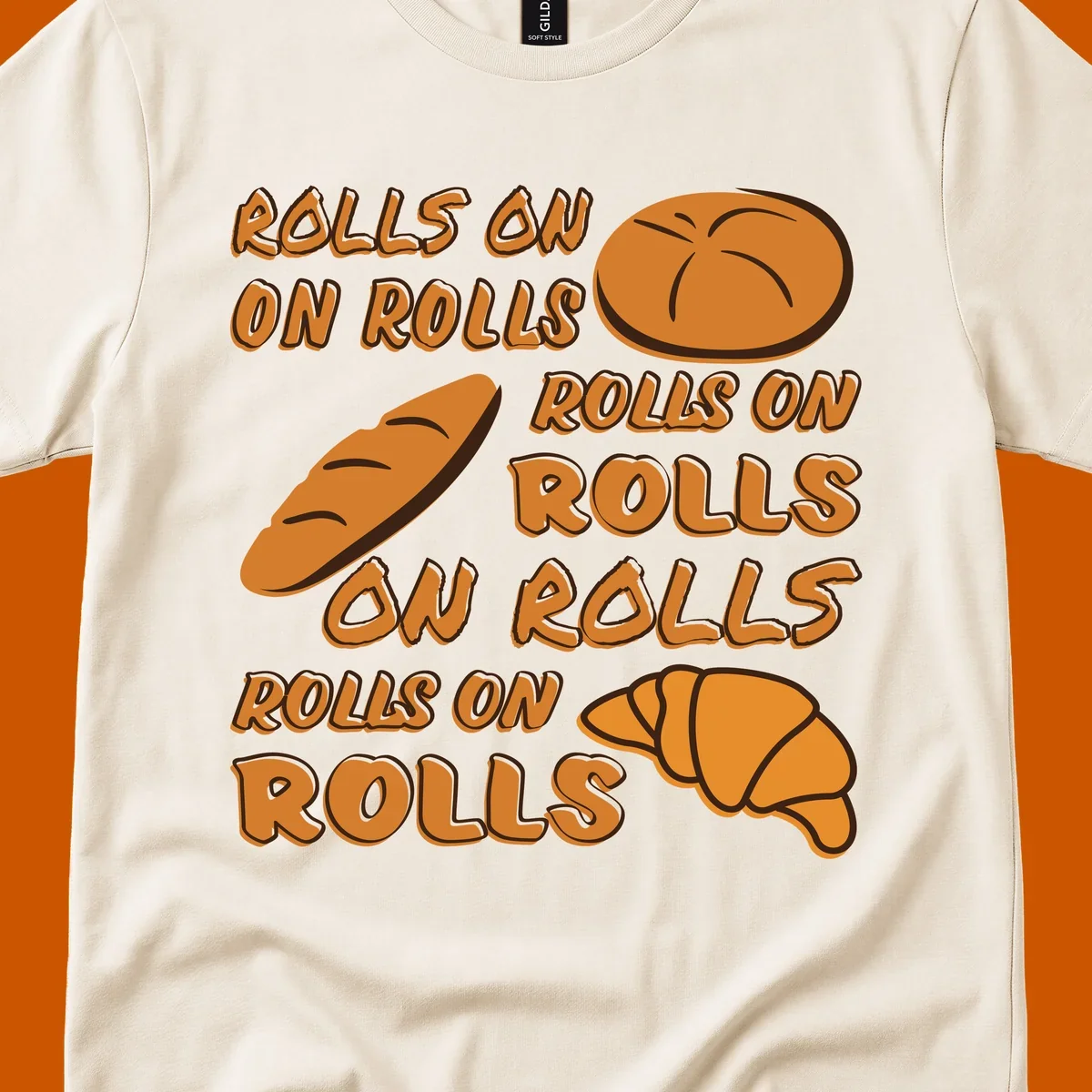 Rolls on rolls typography with bread illustrations. Funny baking pun.