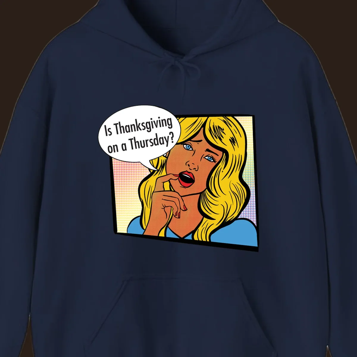 Pop art comic style woman asking 'Is Thanksgiving on a Thursday?'