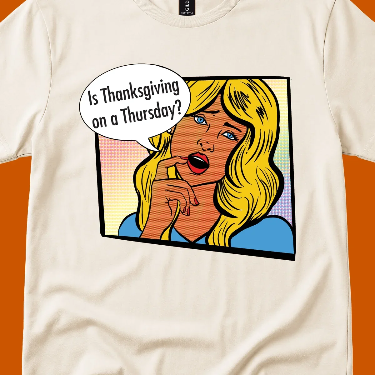 Pop art comic style woman asking 'Is Thanksgiving on a Thursday?'