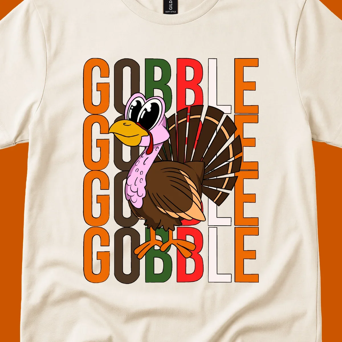 Gobble Thanksgiving turkey illustration with repeating text.
