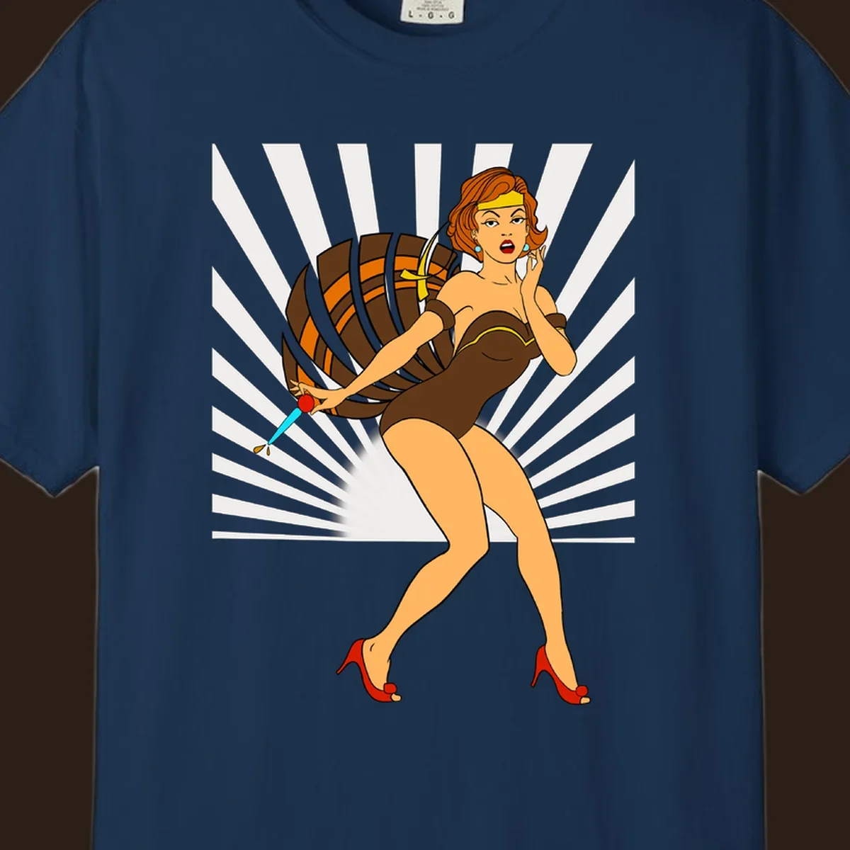 Vintage pin-up girl with barrel and dagger illustration.
