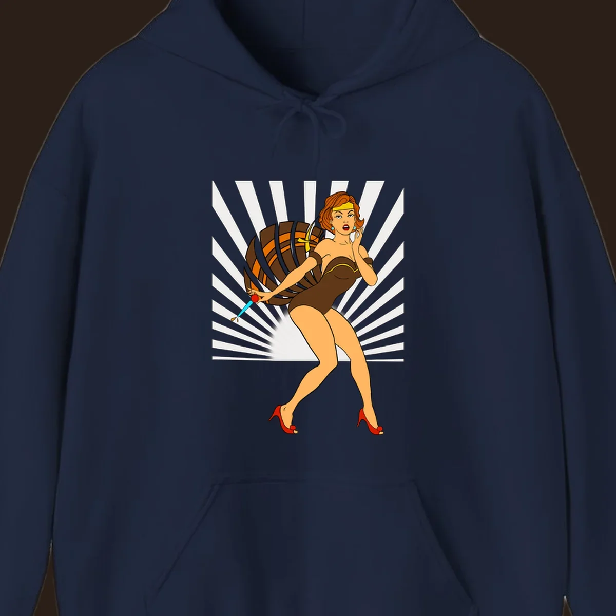 Vintage pin-up girl with barrel and dagger illustration.