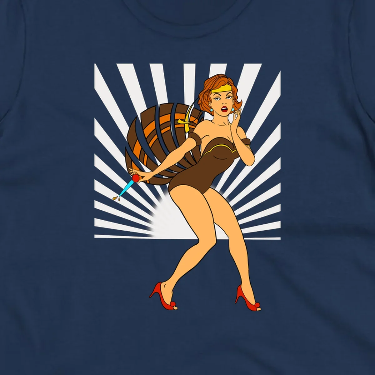 Vintage pin-up girl with barrel and dagger illustration.