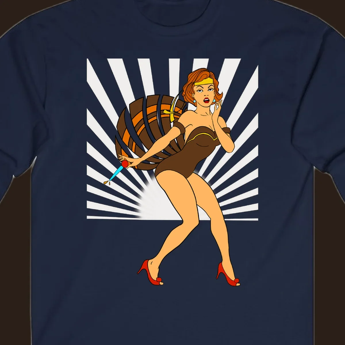 Vintage pin-up girl with barrel and dagger illustration.