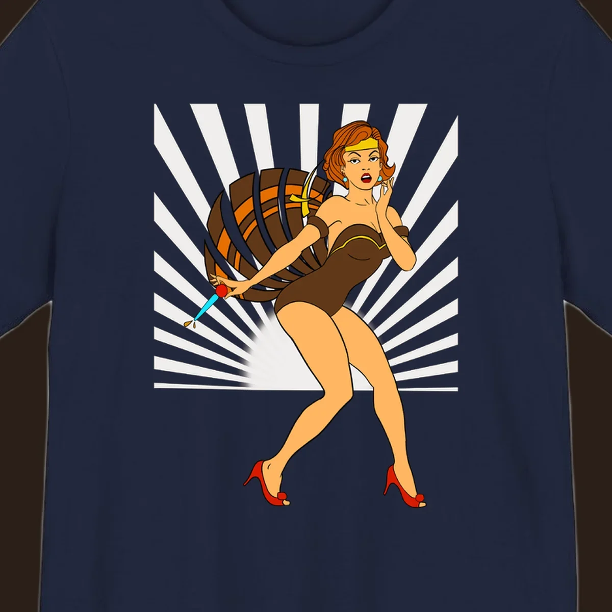 Vintage pin-up girl with barrel and dagger illustration.