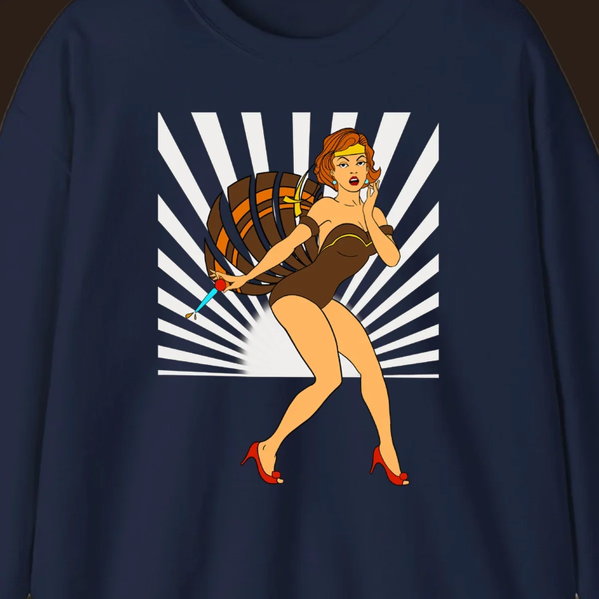 Vintage pin-up girl with barrel and dagger illustration.