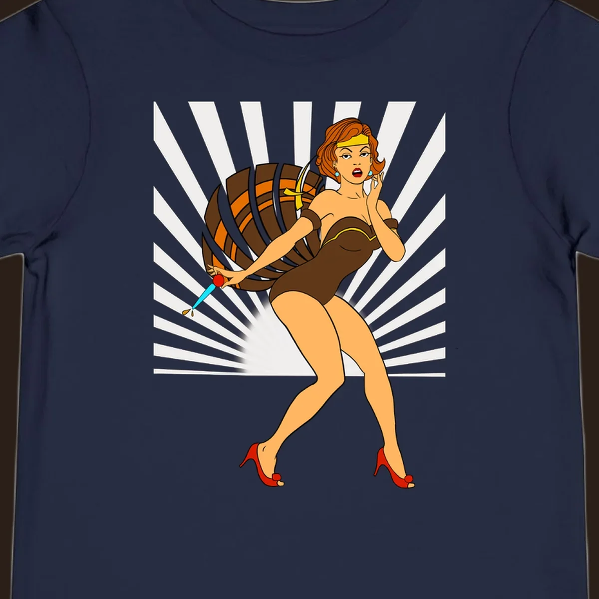 Vintage pin-up girl with barrel and dagger illustration.