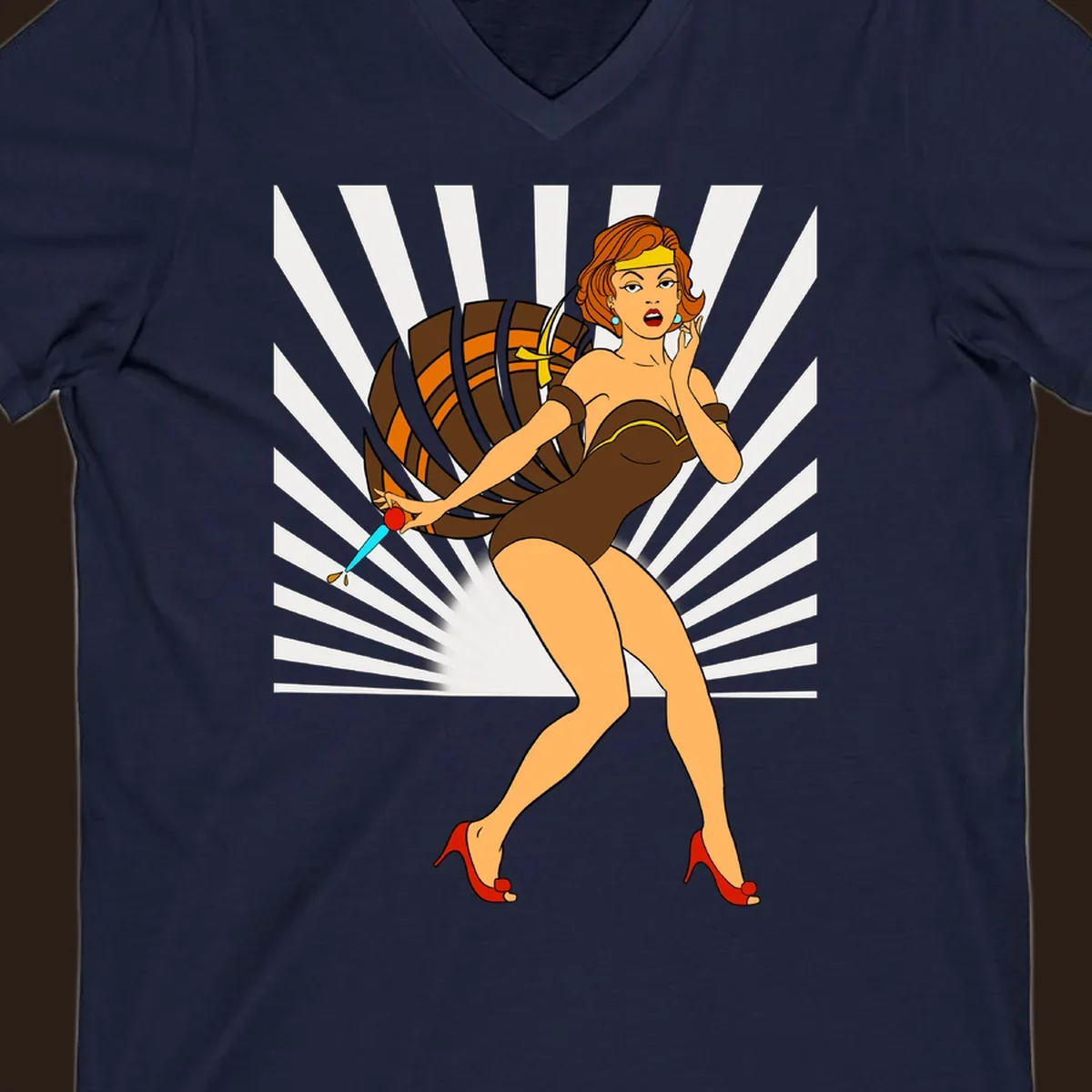 Vintage pin-up girl with barrel and dagger illustration.