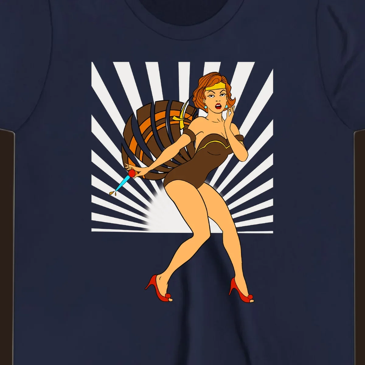 Vintage pin-up girl with barrel and dagger illustration.