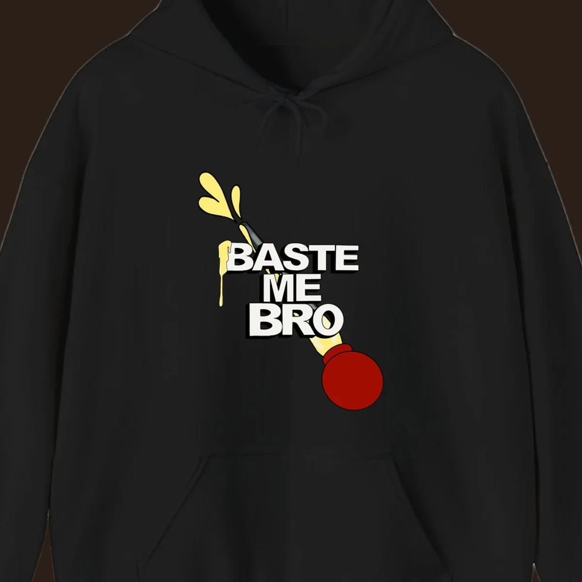 Baste me bro text with a cartoon turkey baster spewing yellow liquid, Thanksgiving design.