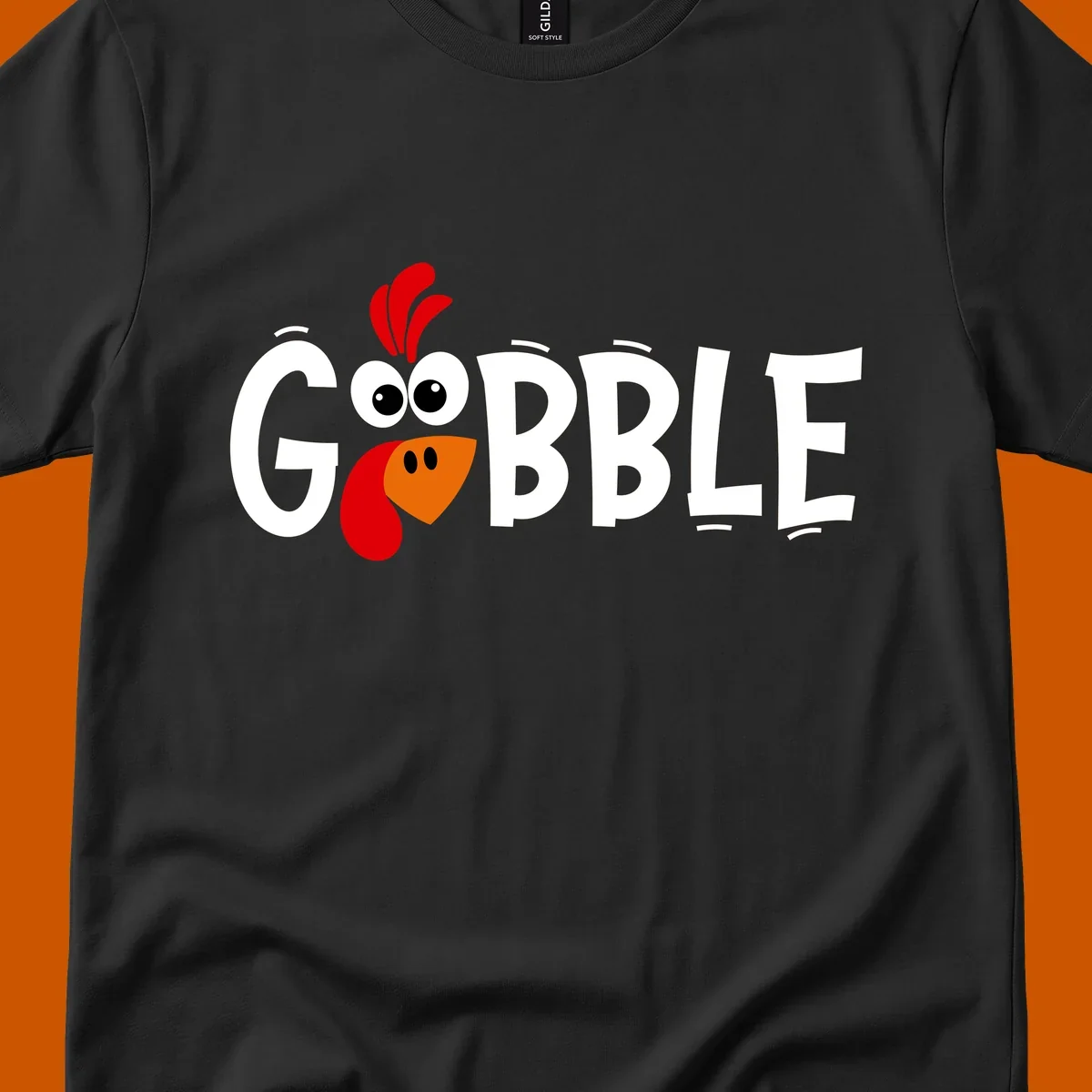 Gobble Gobble Turkey Face design with the word GOBBLE and a cartoon turkey face.