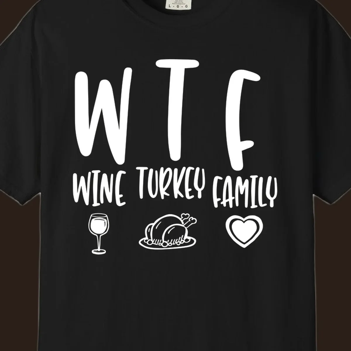 Wine Turkey Family saying with icons for Thanksgiving.