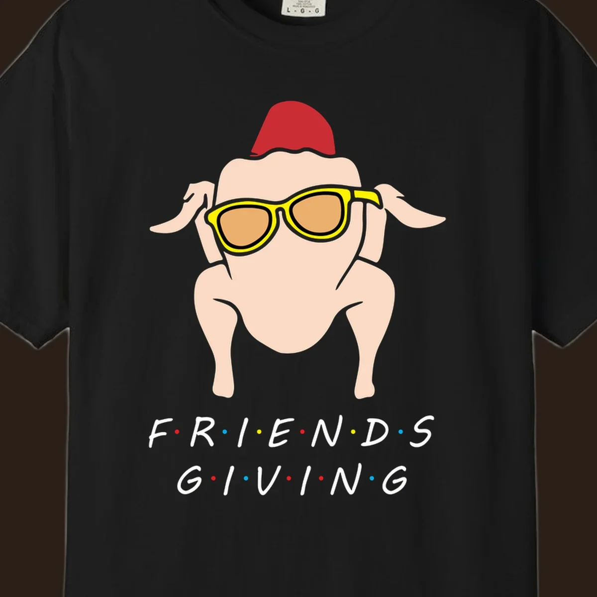 Friendsgiving turkey wearing sunglasses with text, friendsgiving-turkey-sunglasses