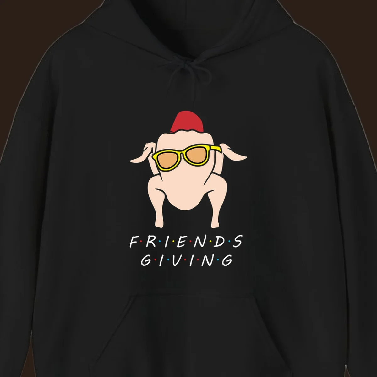 Friendsgiving turkey wearing sunglasses with text, friendsgiving-turkey-sunglasses
