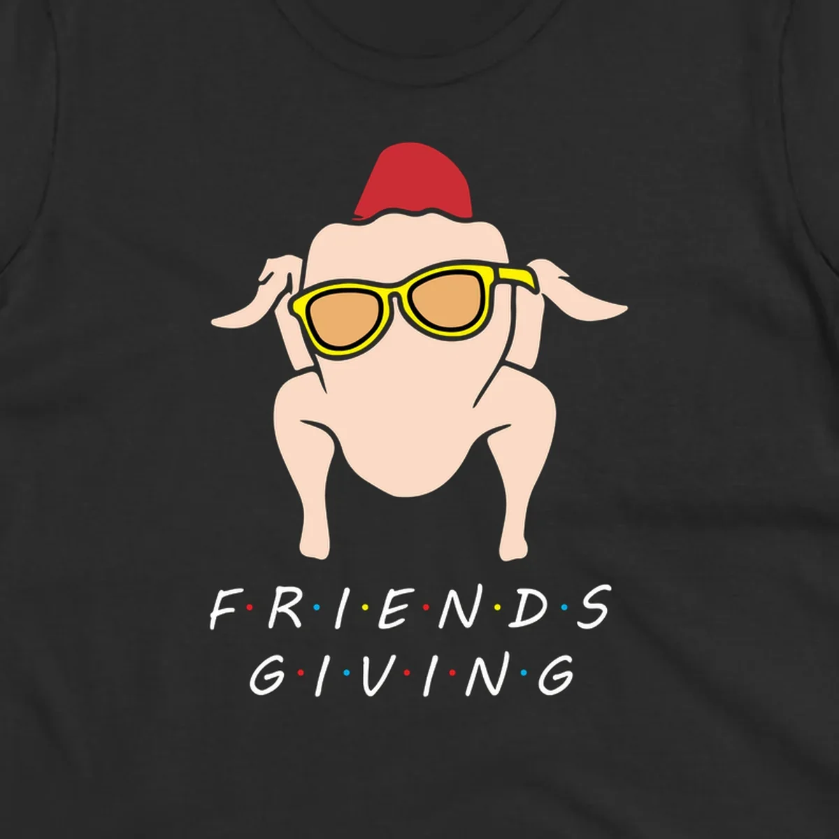 Friendsgiving turkey wearing sunglasses with text, friendsgiving-turkey-sunglasses