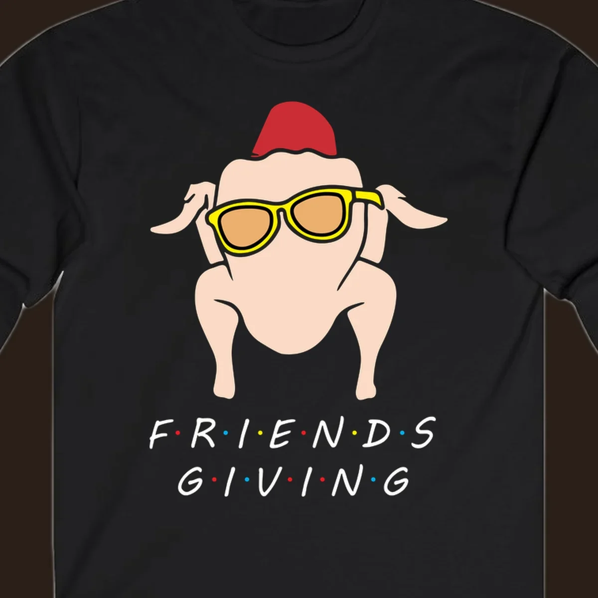 Friendsgiving turkey wearing sunglasses with text, friendsgiving-turkey-sunglasses
