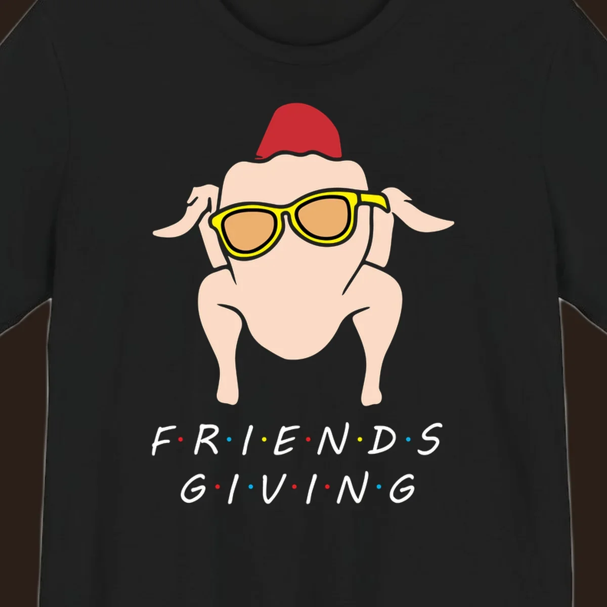Friendsgiving turkey wearing sunglasses with text, friendsgiving-turkey-sunglasses