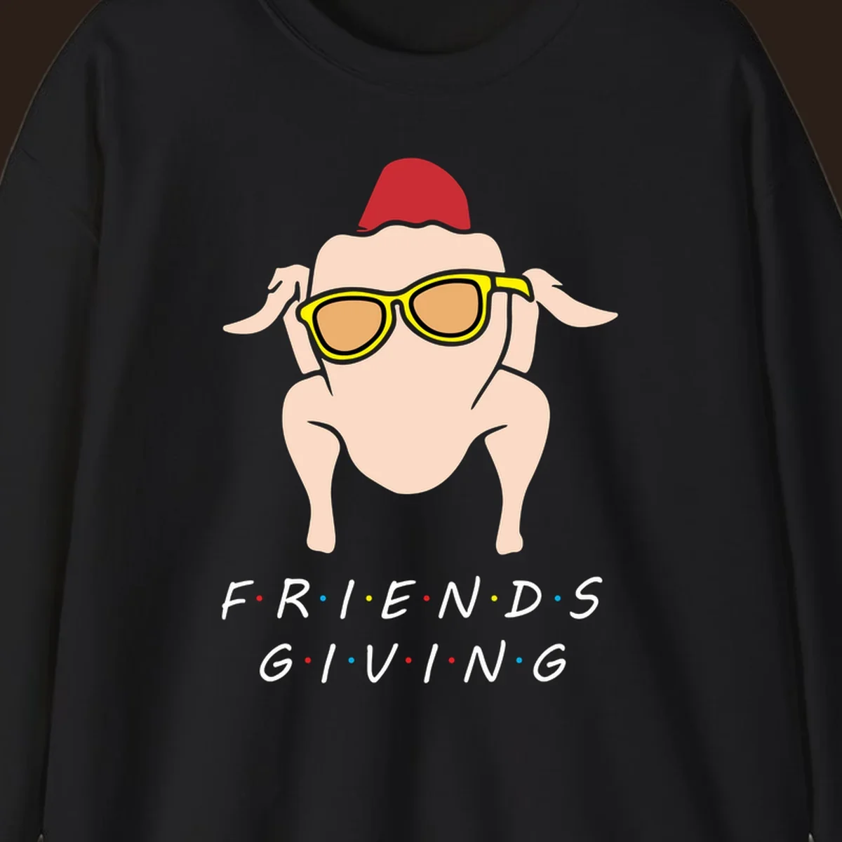 Friendsgiving turkey wearing sunglasses with text, friendsgiving-turkey-sunglasses