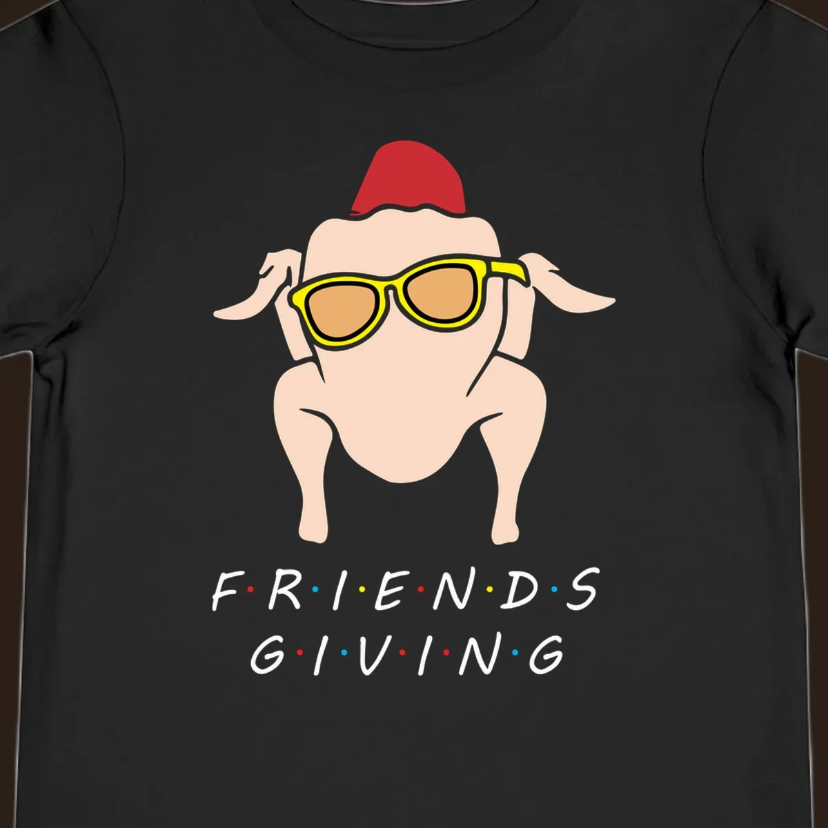 Friendsgiving turkey wearing sunglasses with text, friendsgiving-turkey-sunglasses