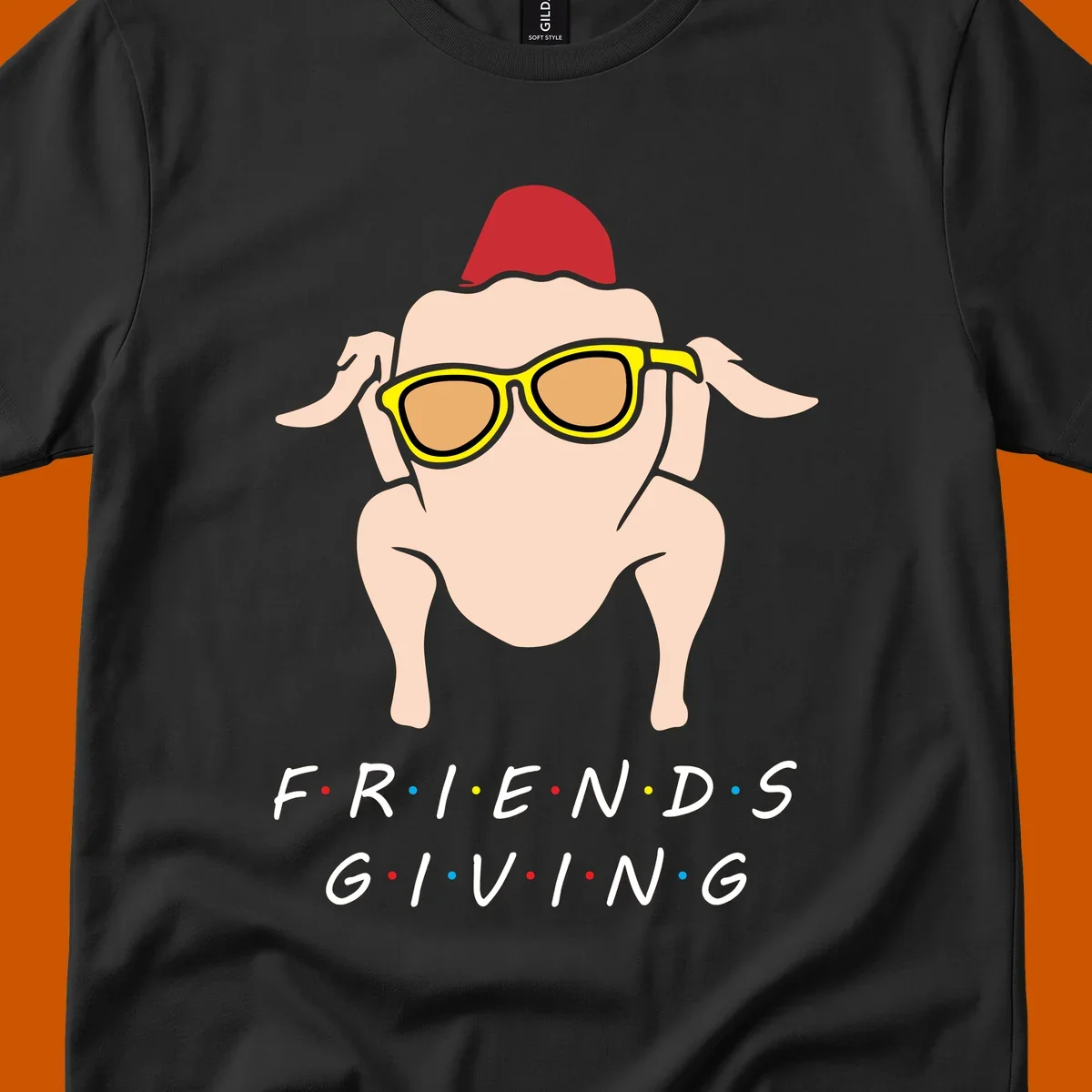 Friendsgiving turkey wearing sunglasses with text, friendsgiving-turkey-sunglasses