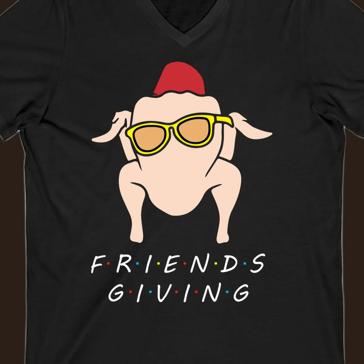 Friendsgiving turkey wearing sunglasses with text, friendsgiving-turkey-sunglasses