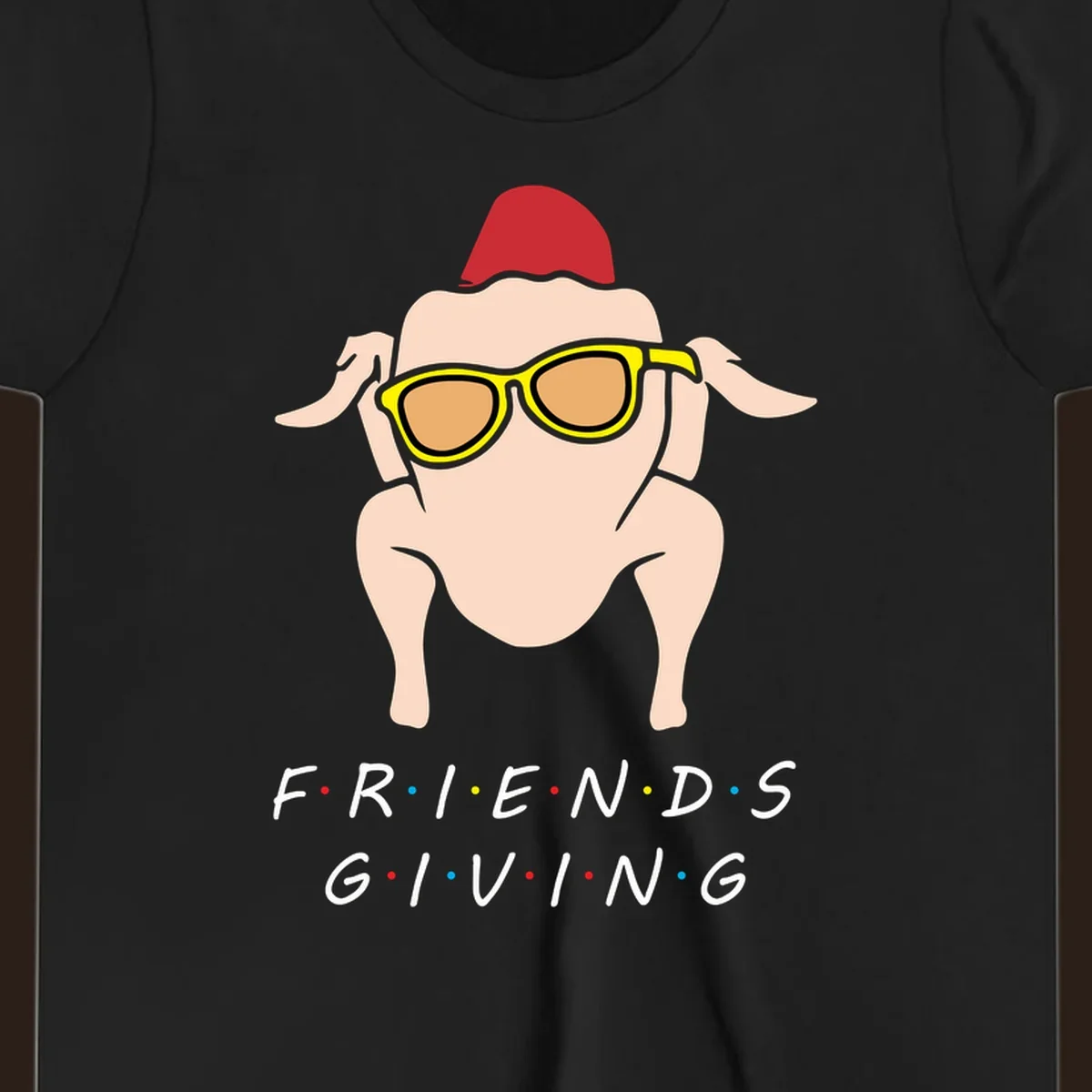 Friendsgiving turkey wearing sunglasses with text, friendsgiving-turkey-sunglasses