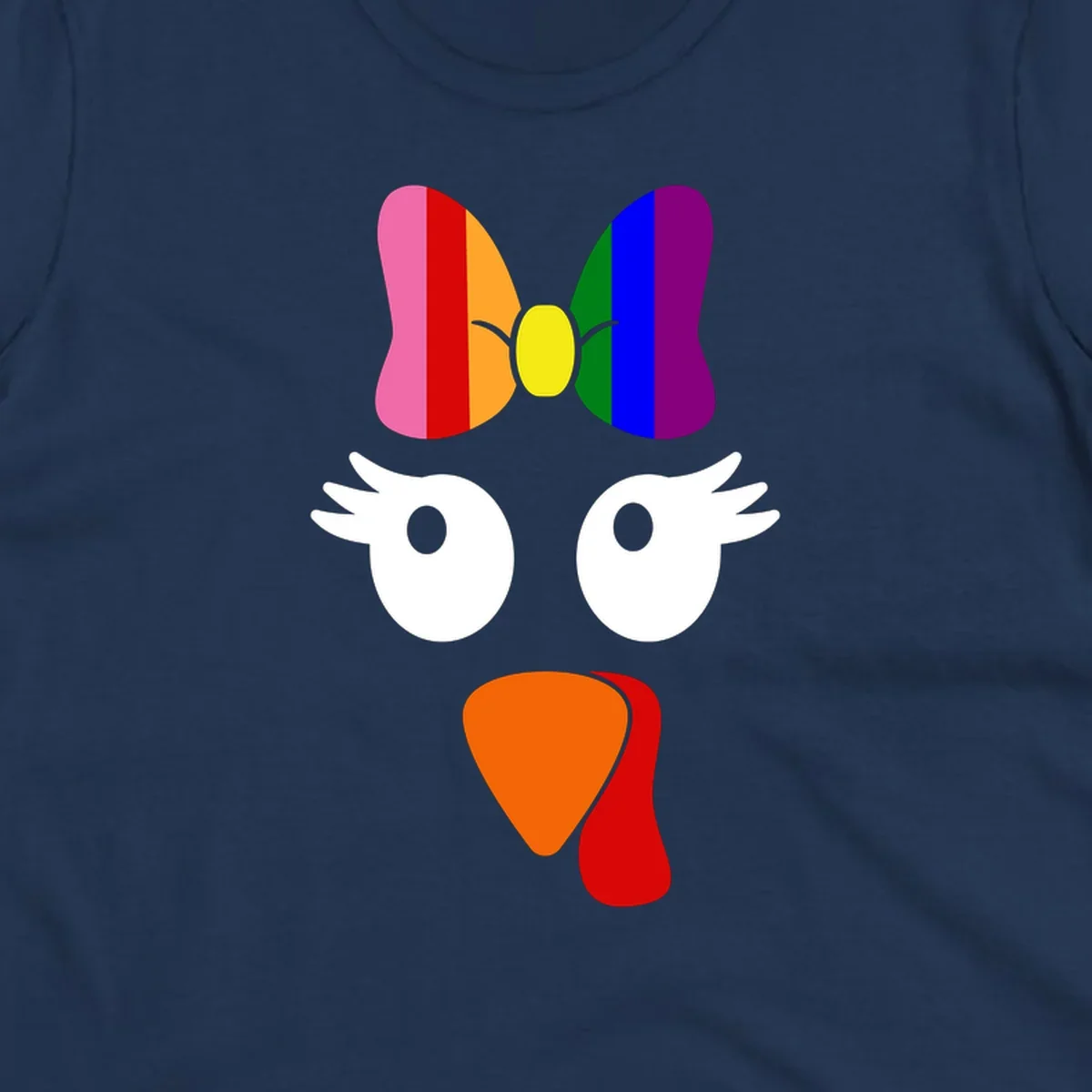 Rainbow turkey face with a bow, graphic for Thanksgiving.