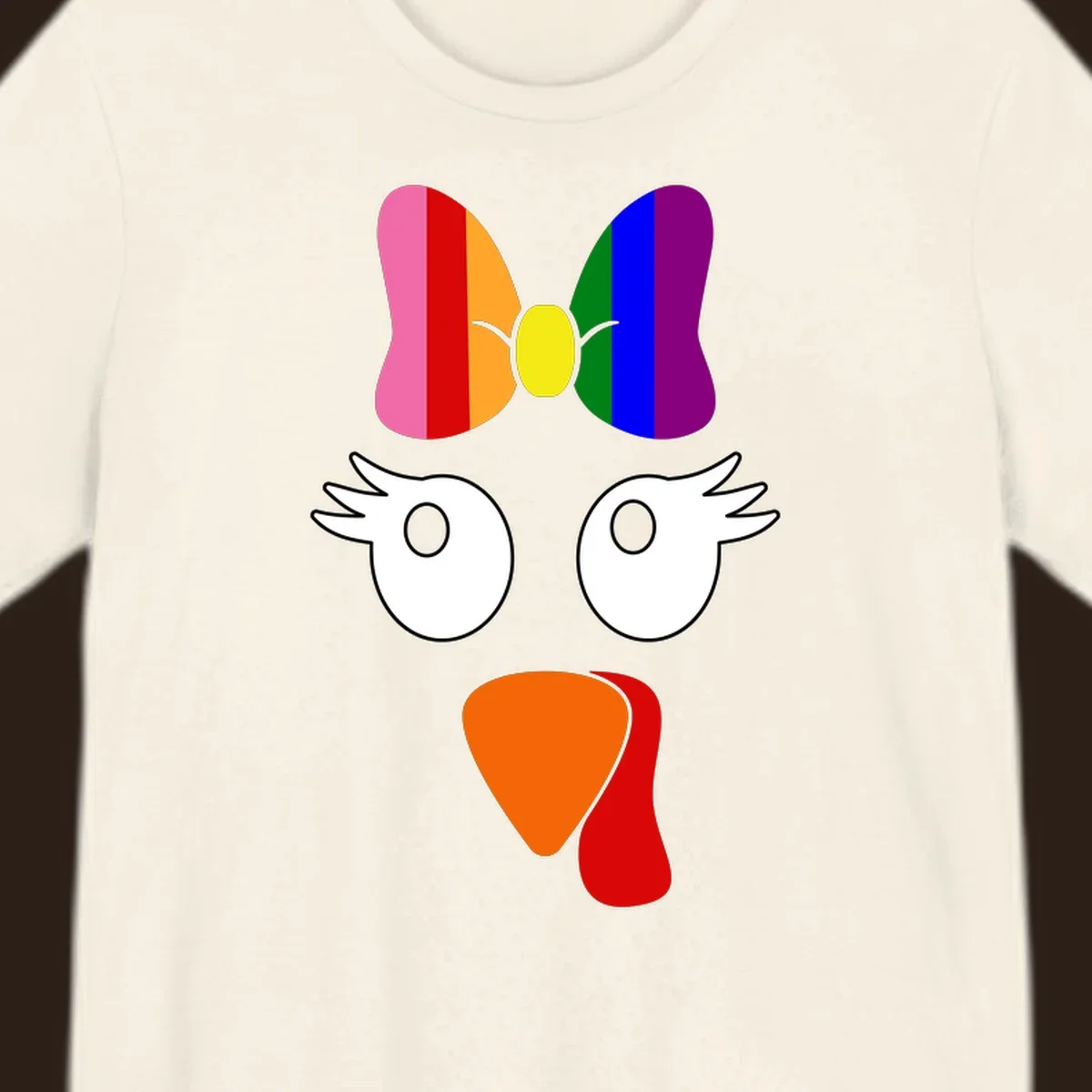 Rainbow turkey face with a bow, graphic for Thanksgiving.