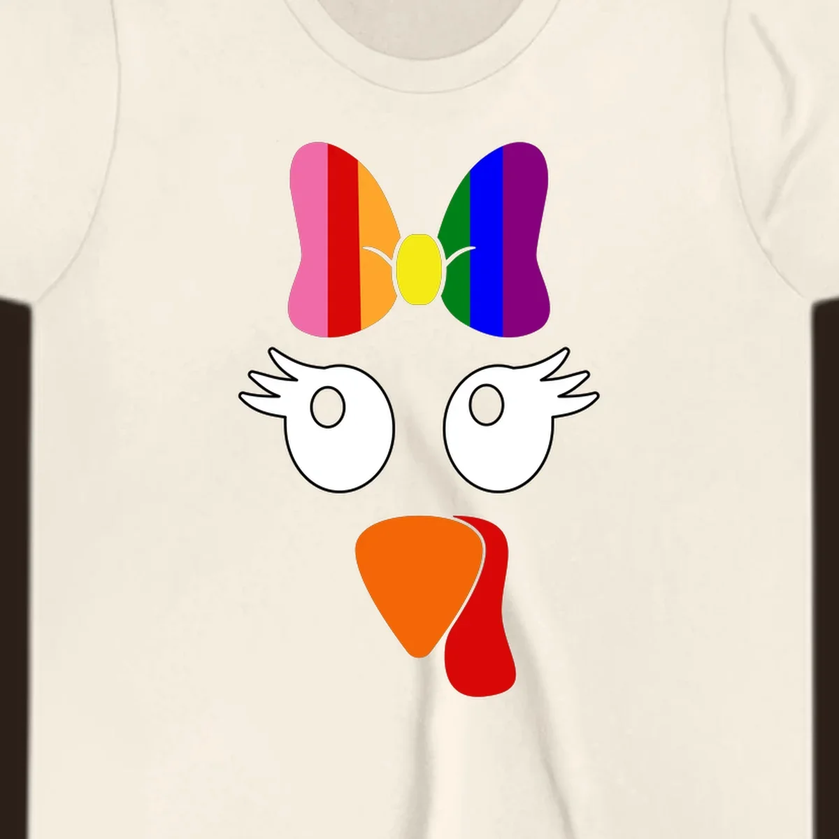 Rainbow turkey face with a bow, graphic for Thanksgiving.