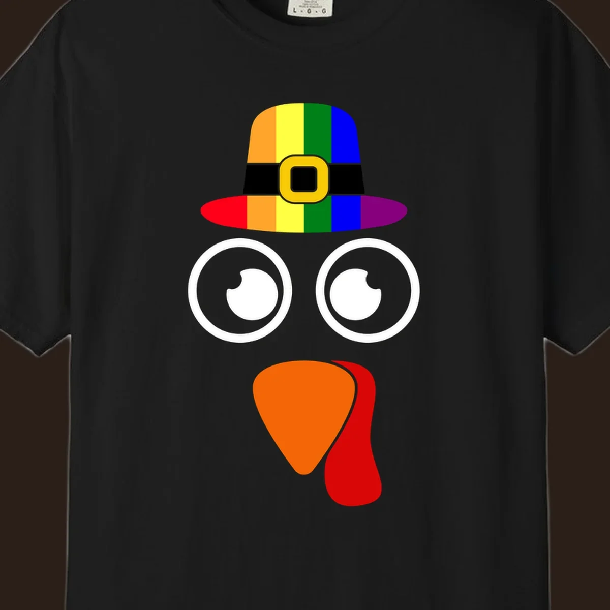 Rainbow turkey face with pilgrim hat, Thanksgiving graphic.