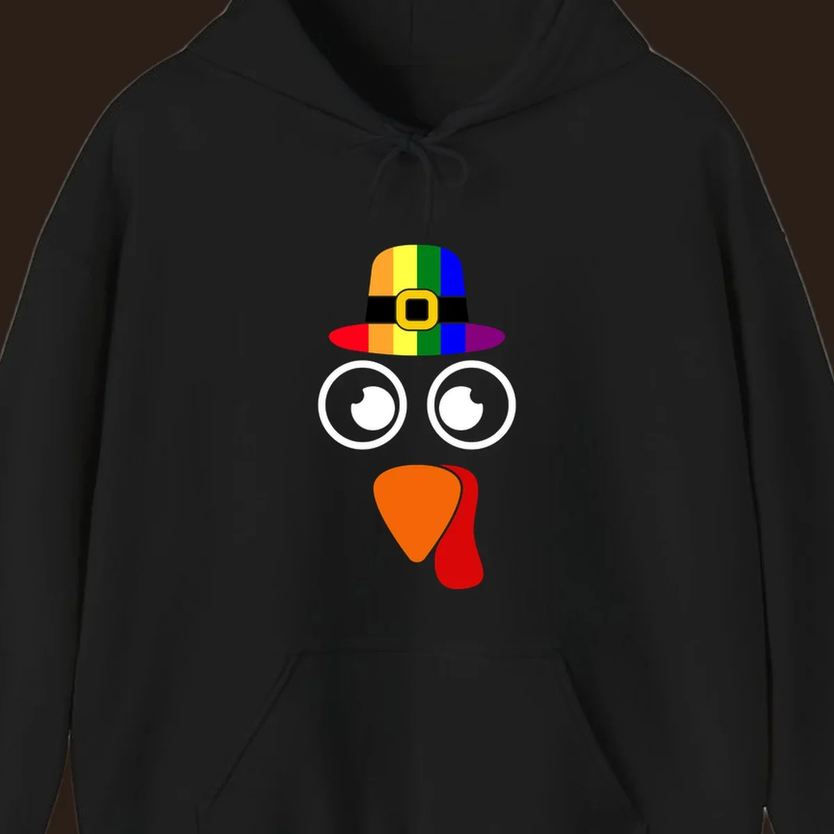 Rainbow turkey face with pilgrim hat, Thanksgiving graphic.