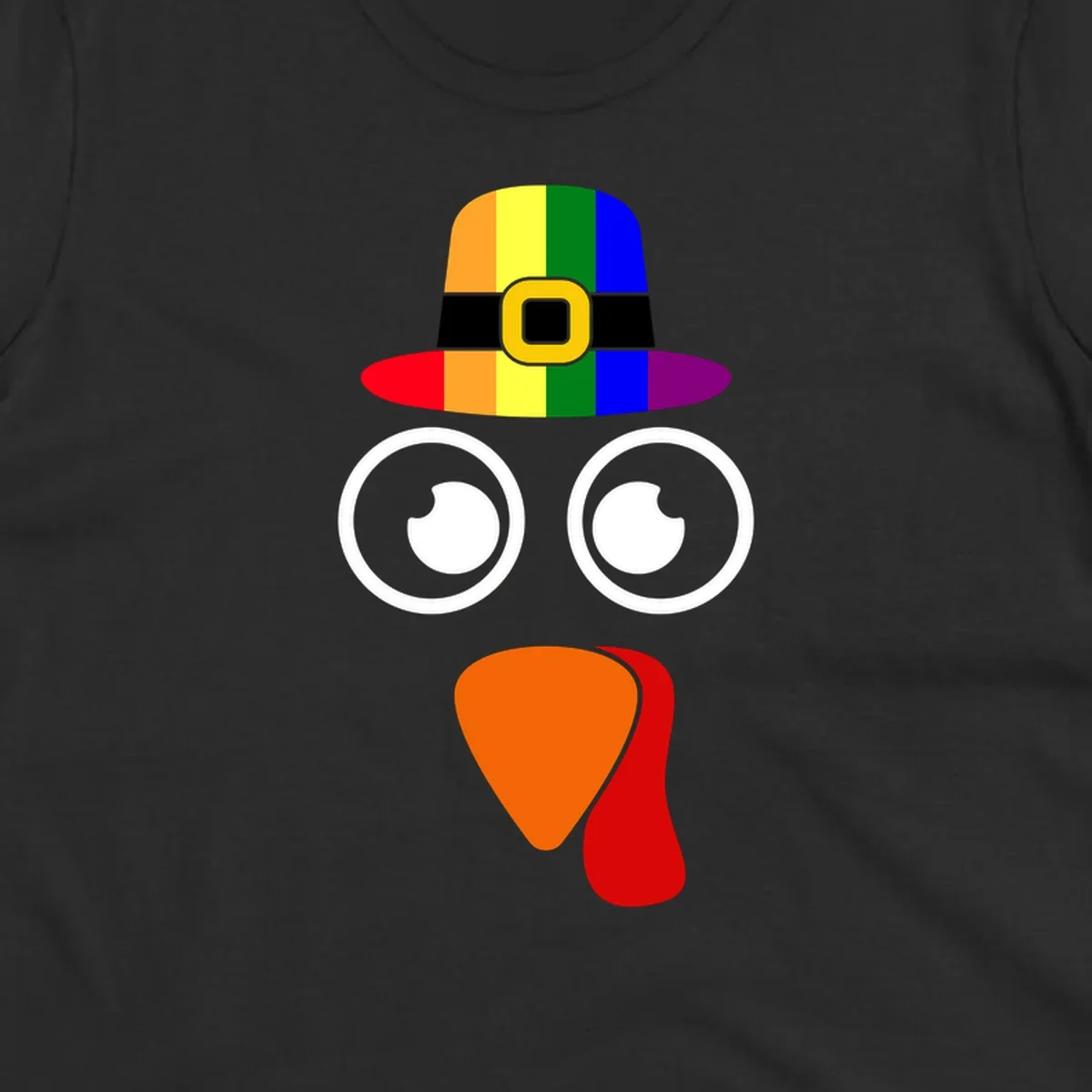 Rainbow turkey face with pilgrim hat, Thanksgiving graphic.