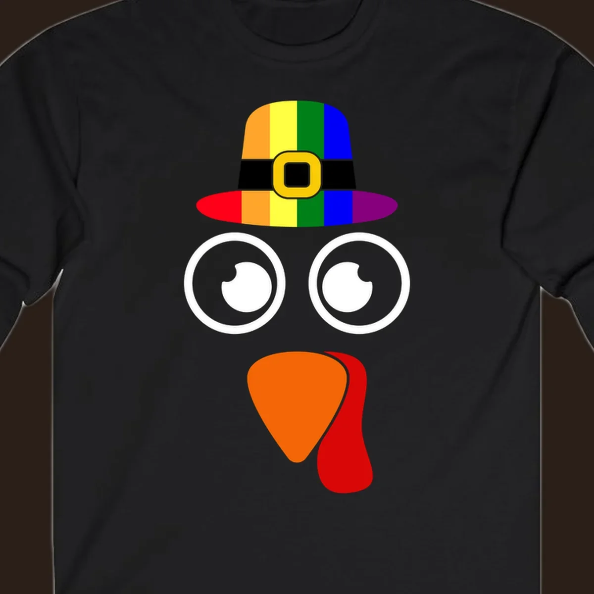 Rainbow turkey face with pilgrim hat, Thanksgiving graphic.