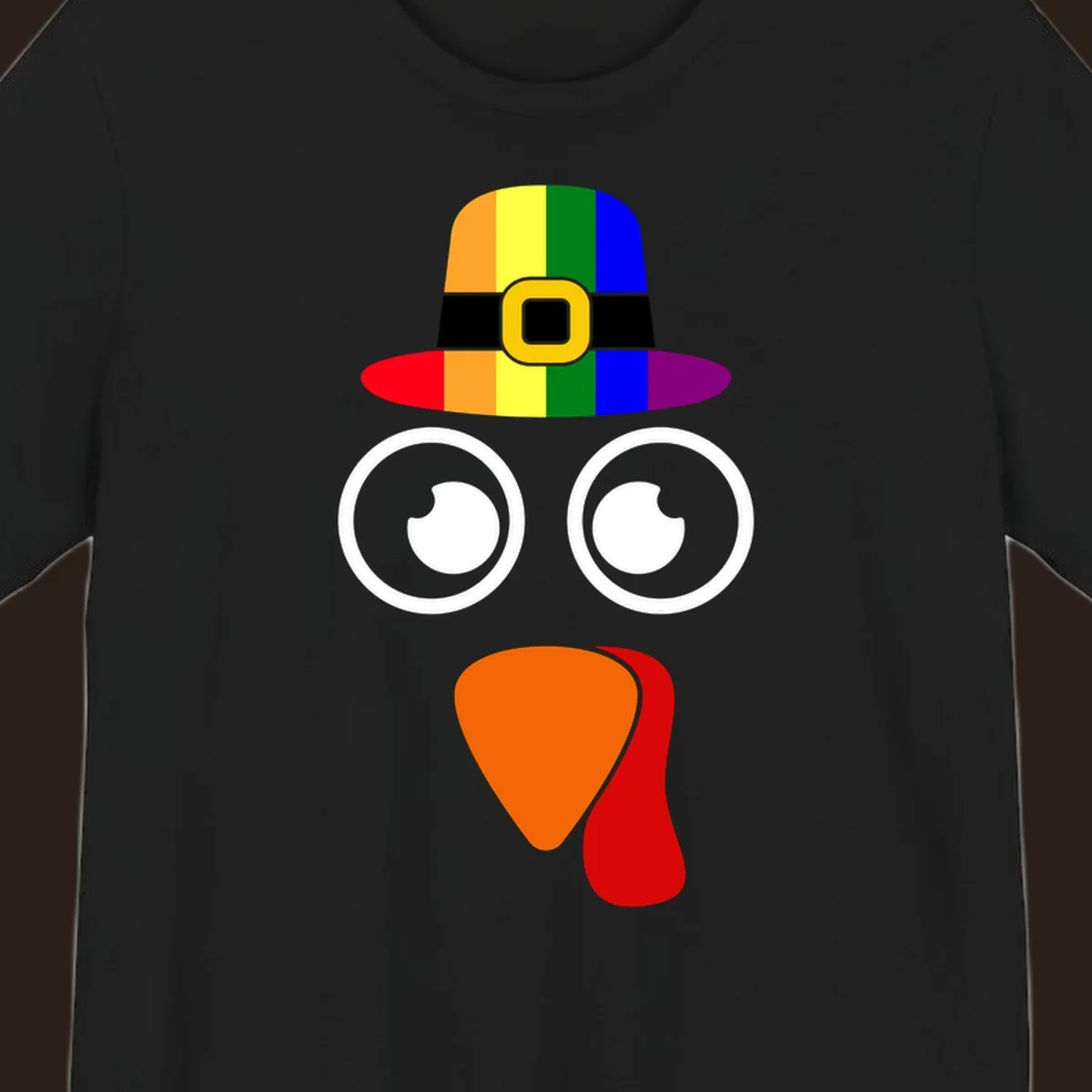 Rainbow turkey face with pilgrim hat, Thanksgiving graphic.