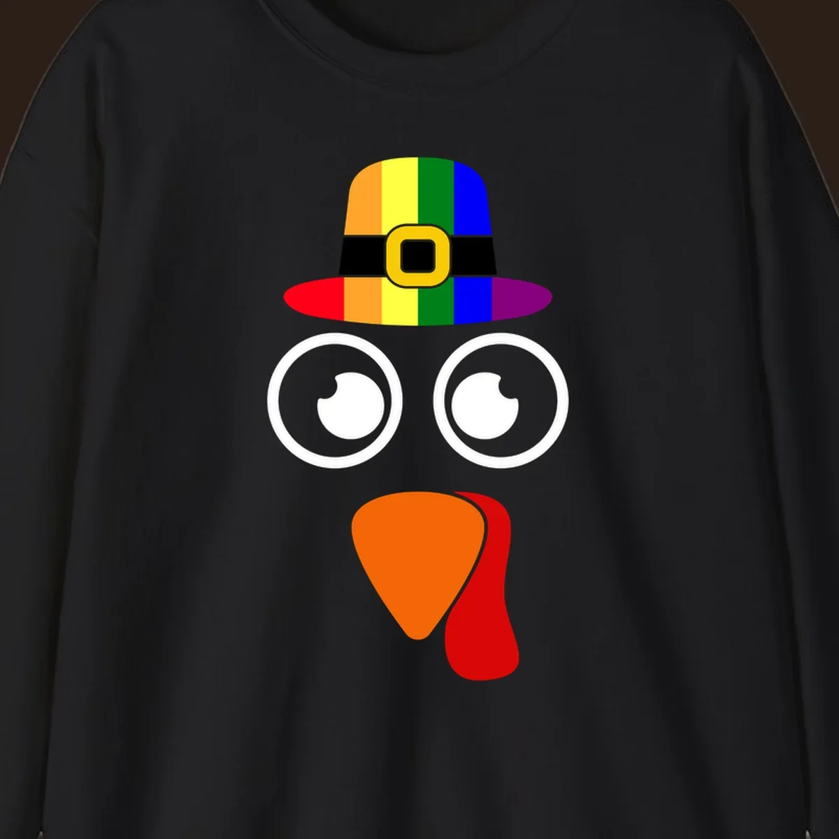 Rainbow turkey face with pilgrim hat, Thanksgiving graphic.