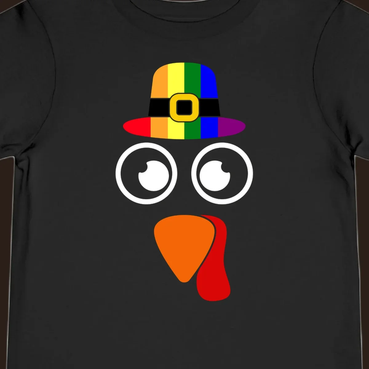 Rainbow turkey face with pilgrim hat, Thanksgiving graphic.