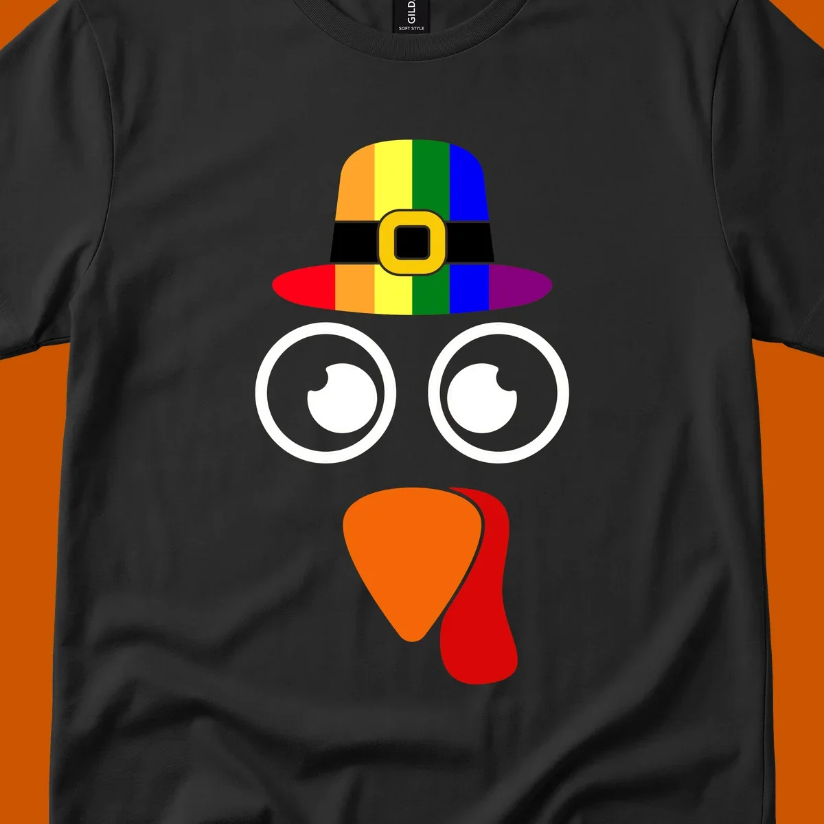Rainbow turkey face with pilgrim hat, Thanksgiving graphic.