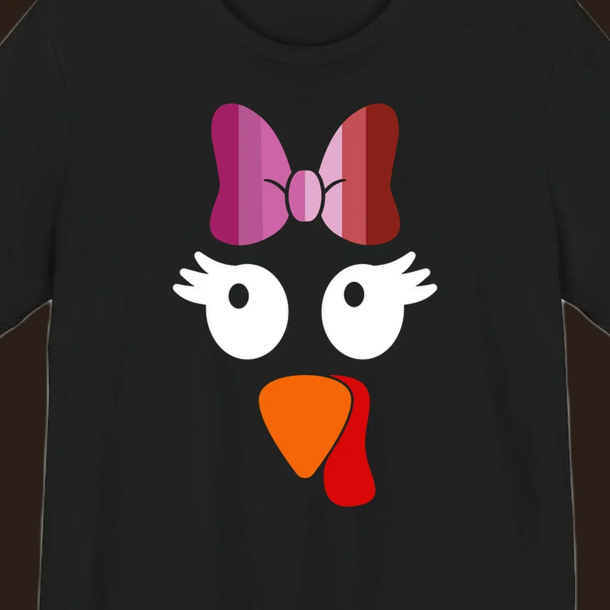 Cute lesbian turkey face with pink and purple bow. Thanksgiving graphic.