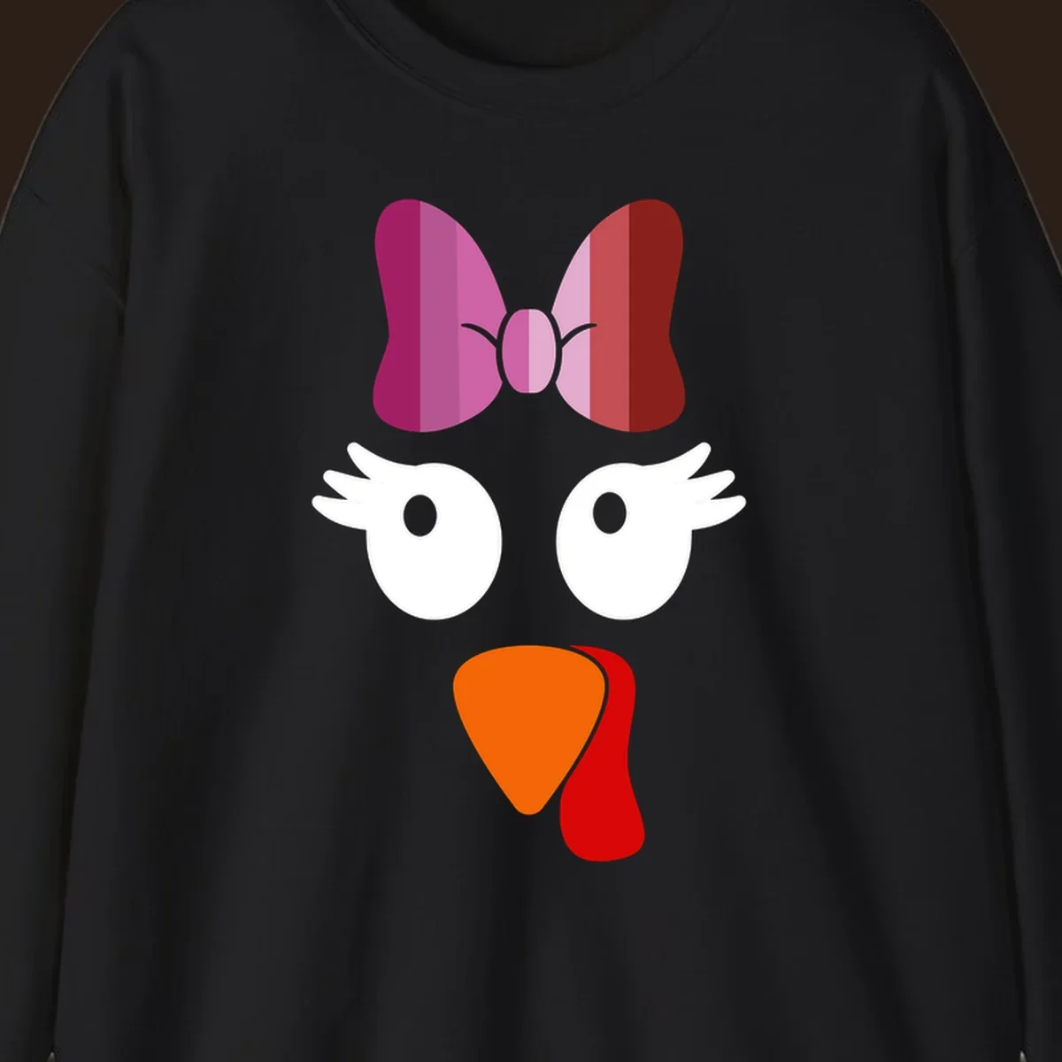 Cute lesbian turkey face with pink and purple bow. Thanksgiving graphic.