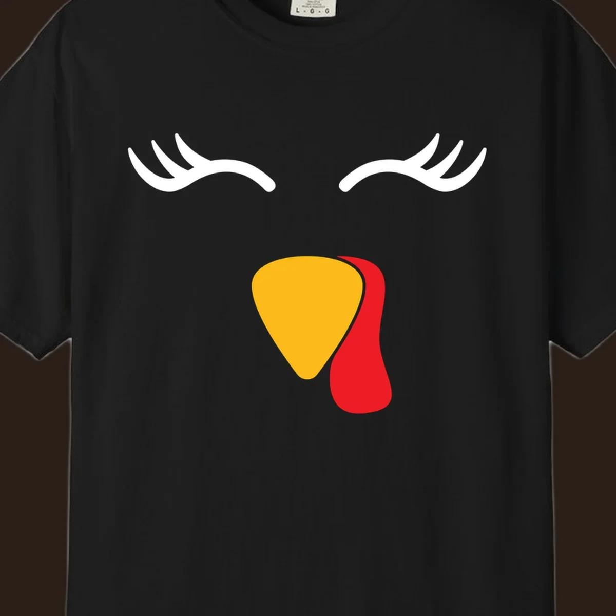 Funny turkey face illustration with white eyelashes and yellow wattle, thanksgiving graphic.