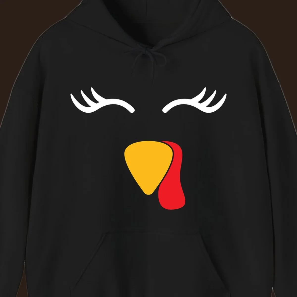 Funny turkey face illustration with white eyelashes and yellow wattle, thanksgiving graphic.