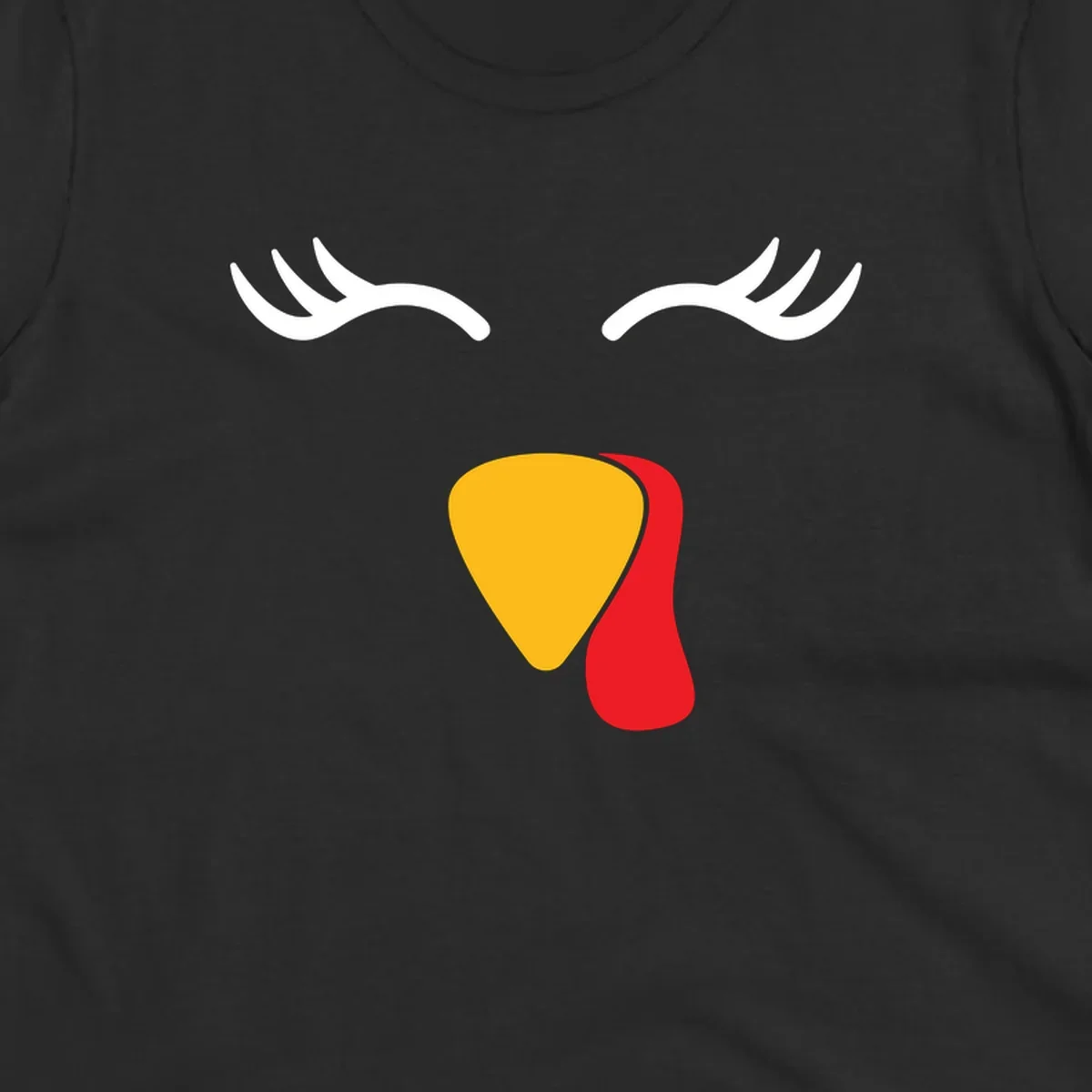 Funny turkey face illustration with white eyelashes and yellow wattle, thanksgiving graphic.