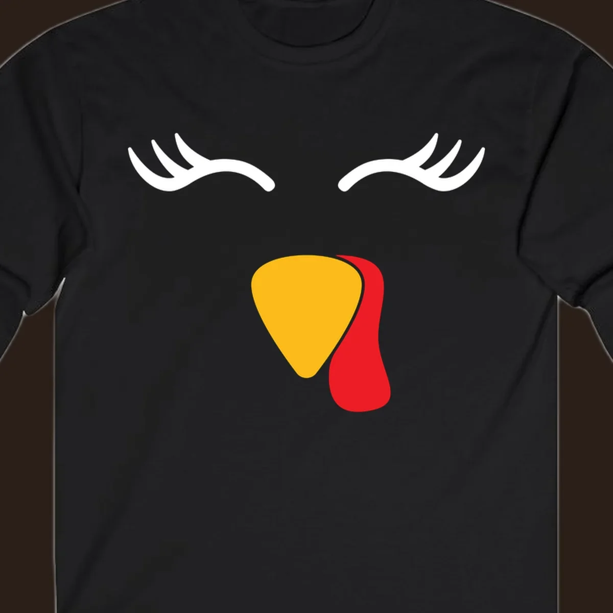 Funny turkey face illustration with white eyelashes and yellow wattle, thanksgiving graphic.