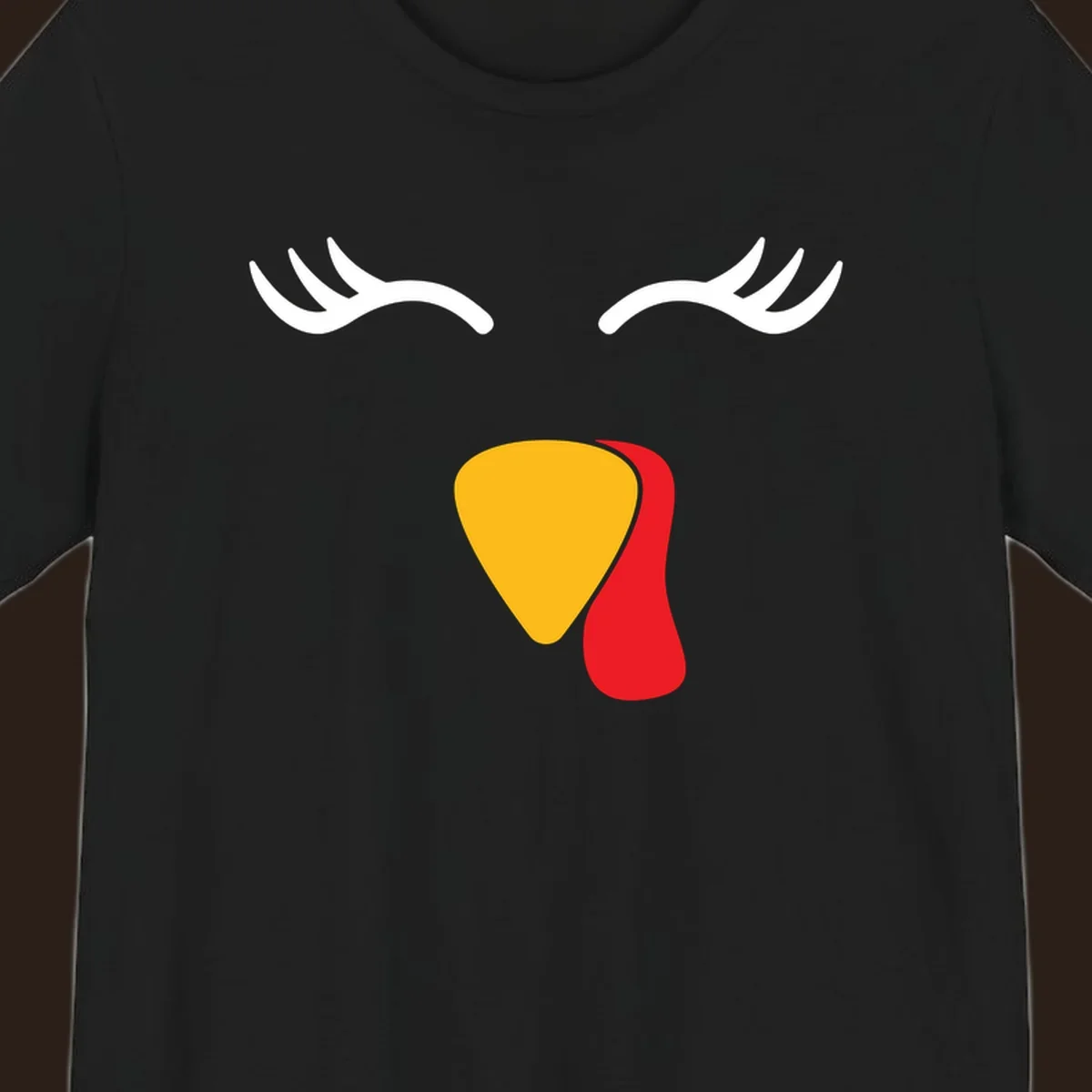 Funny turkey face illustration with white eyelashes and yellow wattle, thanksgiving graphic.