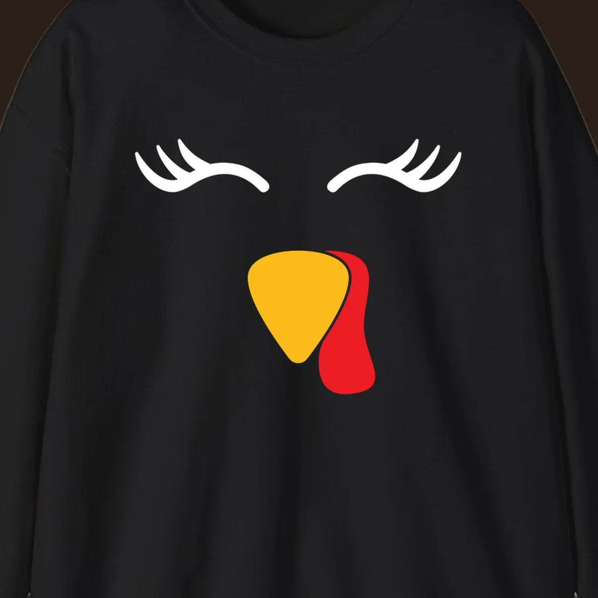 Funny turkey face illustration with white eyelashes and yellow wattle, thanksgiving graphic.
